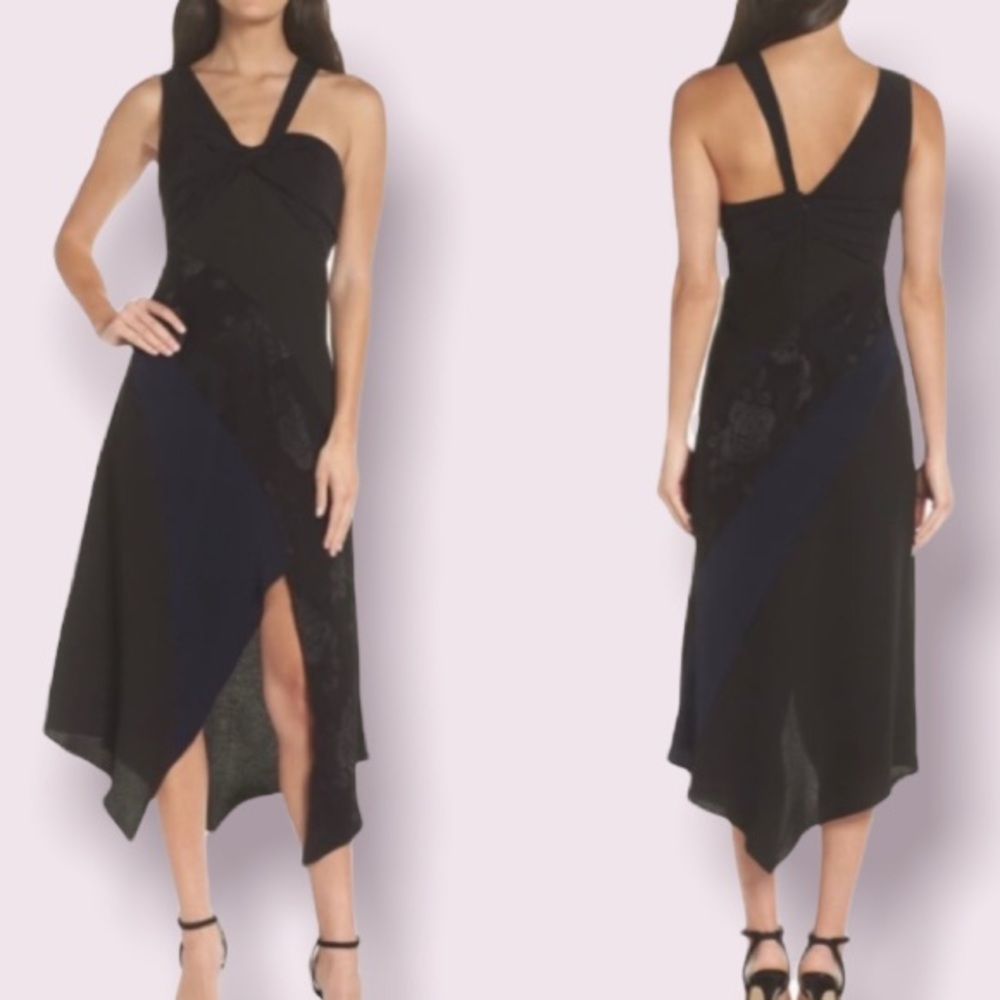Harlyn Asymmetrical Mixed Media Blue and Black Midi Dress